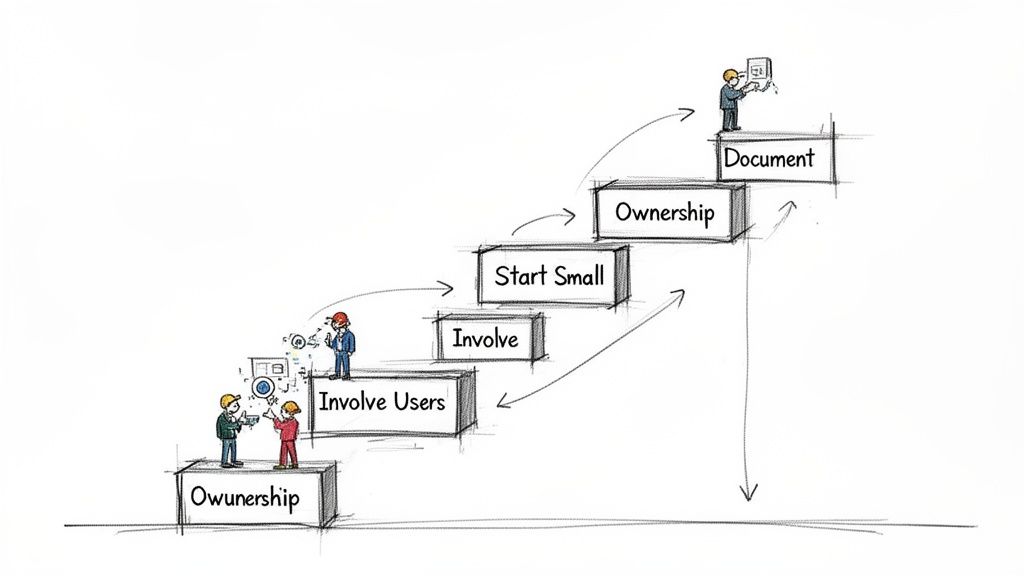 A cartoon illustration showing project development steps: Ownership, Involve Users, Involve, Start Small, and Document.