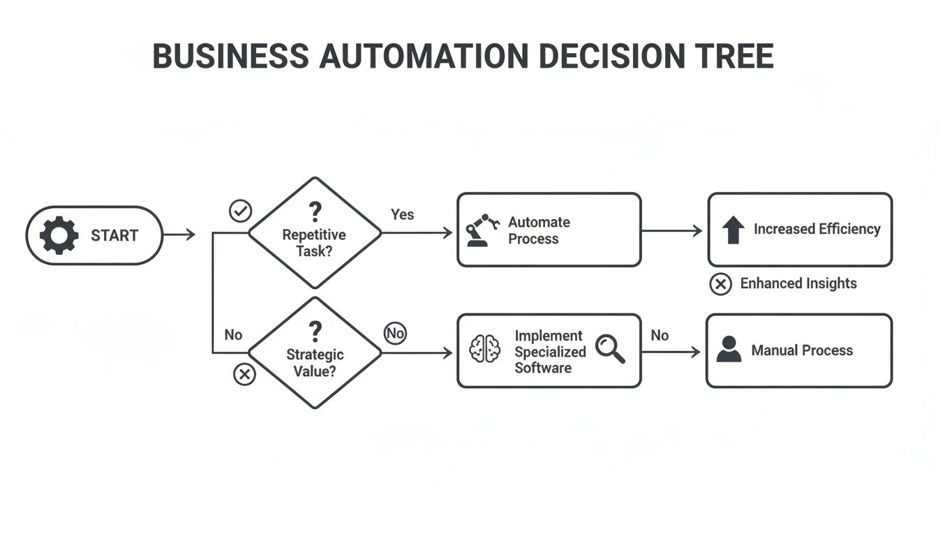 A business automation decision tree flowchart helping determine if a task should be automated or remain manual.
