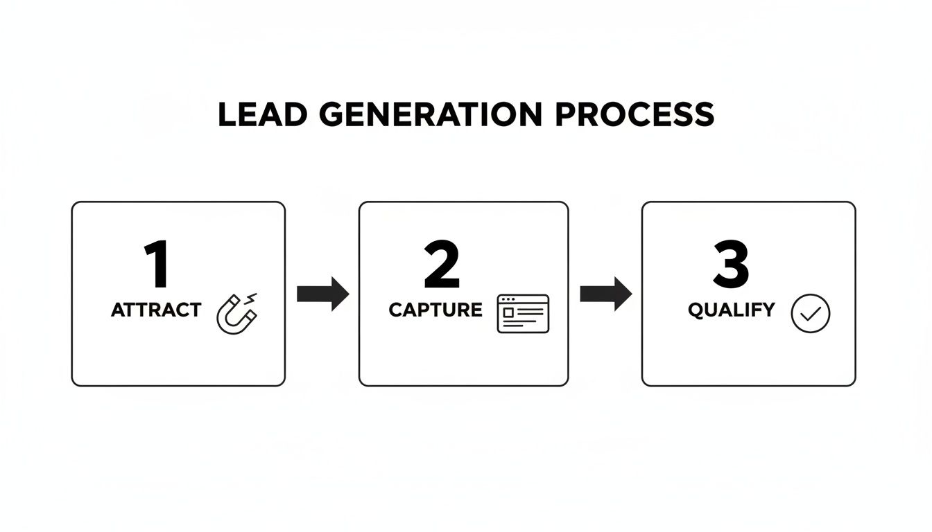 Lead generation platforms process diagram showing attract, capture, and qualify steps with corresponding icons.