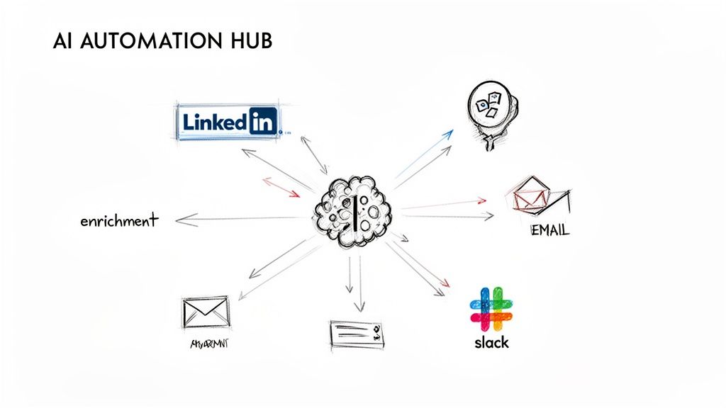 Diagram showing an AI Automation Hub connecting to LinkedIn, email, Slack, and other platforms for data enrichment.