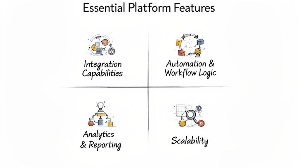 Key features of a lead generation platform: integration, automation, analytics, and scalability.