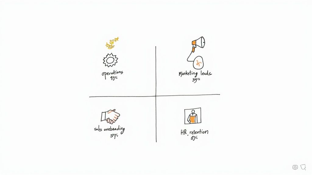 A hand-drawn quadrant diagram showing business functions: operations (40%), marketing leads (39%), sales onboarding (39%), and HR retention (40%).