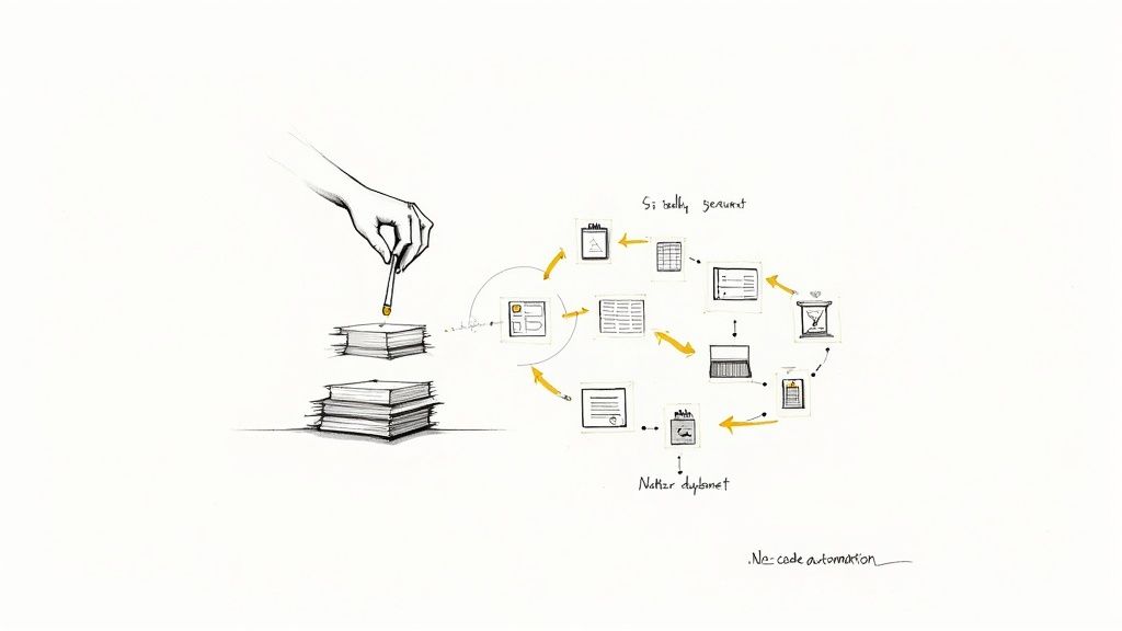 A hand manually processing documents next to a circular diagram representing an automated digital workflow.
