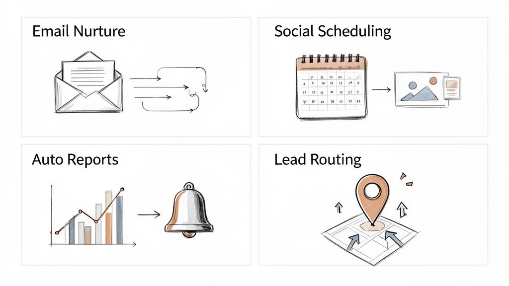Sketches illustrating four marketing workflow automation concepts: email nurture, social scheduling, auto reports, and lead routing.