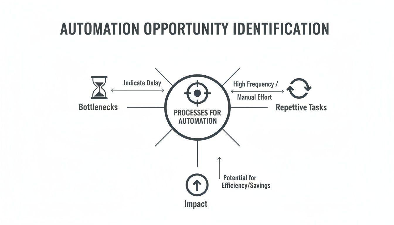 Diagram illustrating automation opportunity identification by analyzing bottlenecks, repetitive tasks, and potential for efficiency and savings.
