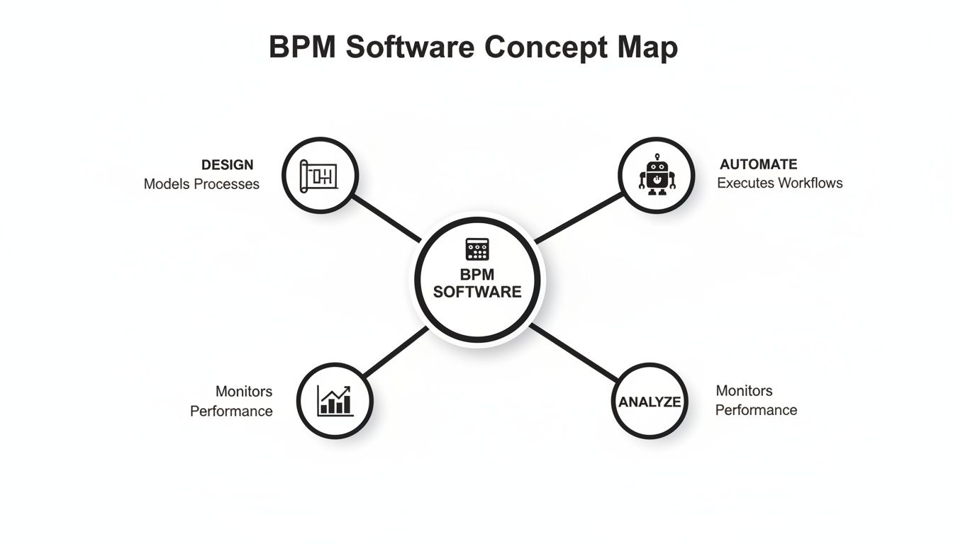 BPM software core functions including design, automate, monitor, and analyze.