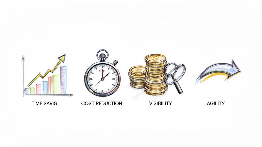 Four hand-sketched illustrations symbolizing business benefits: time saving, cost reduction, visibility, and agility.