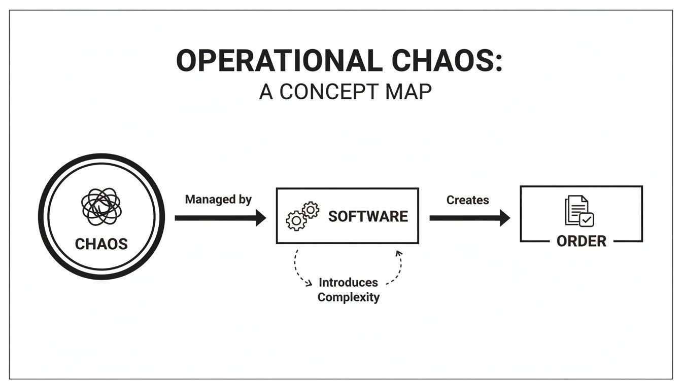 A concept map titled 'Operational Chaos' showing software managing chaos to create order, while introducing complexity.
