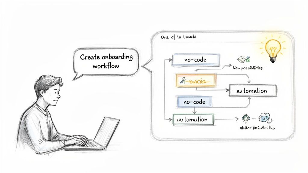 Man on laptop plans onboarding workflow with no-code automation leading to new business opportunities.