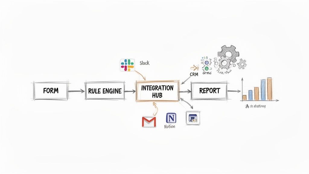 A diagram illustrating a business workflow: Form -> Rule Engine -> Integration Hub -> Report with external services.