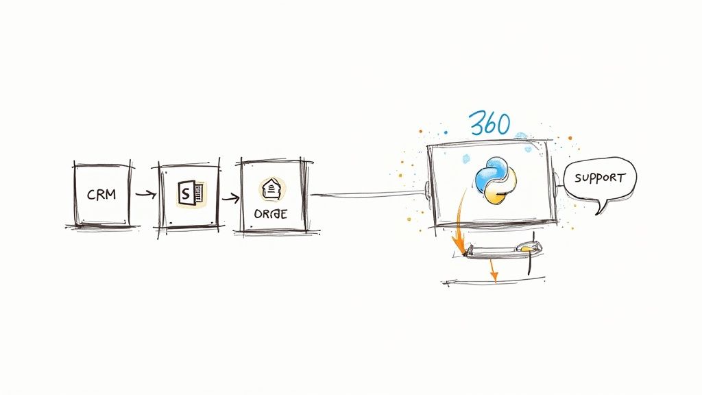 A minimalist geometric visual showing how an API integration platform acts as a central hub, connecting different business departments like sales, marketing, and support.