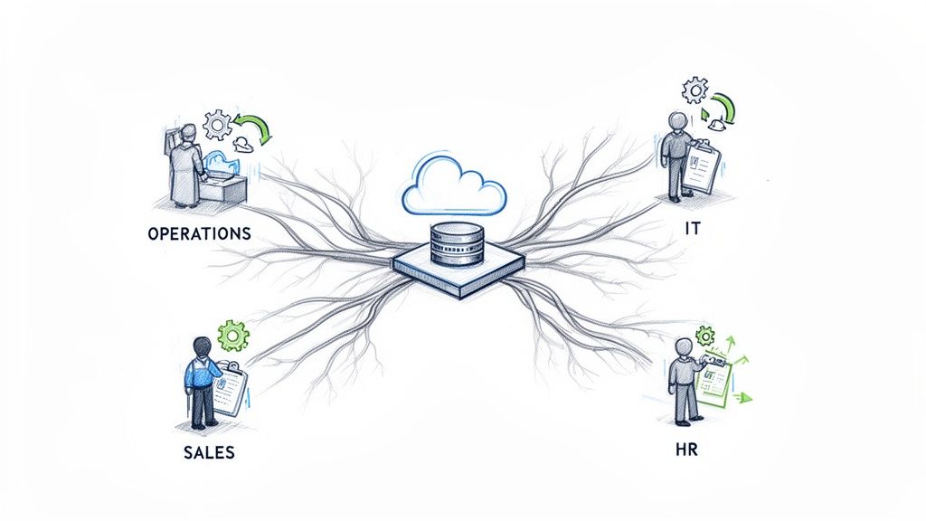 Diagram showing a central cloud database connecting to operations, IT, sales, and HR departments.