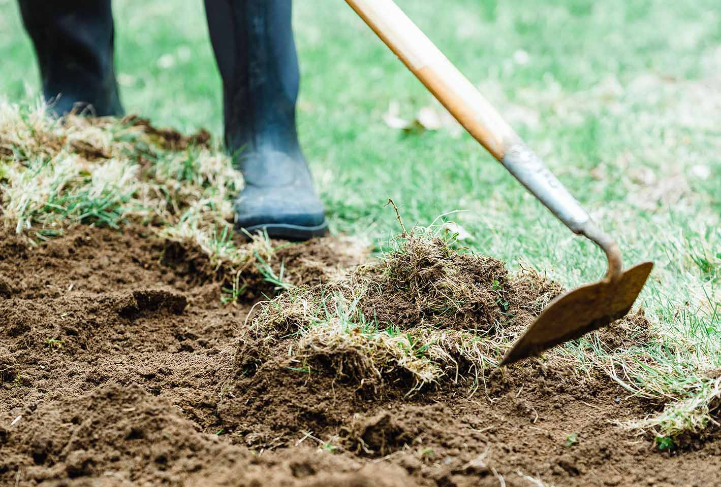 Füße in Gummistiefeln und eine Hacke, die Grasnarben vom Boden abtragen in einem Garten.