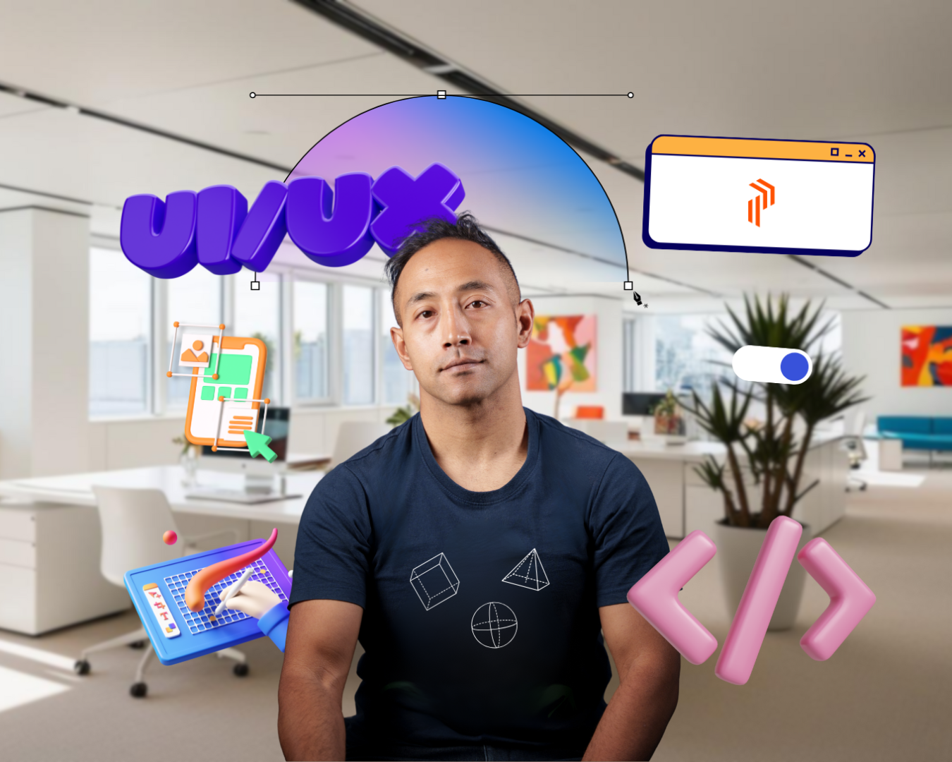 Ashish at workstation with UX elements illustrated into the image