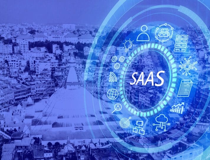 saas icons over the kathmandu skyline depicting tech development from Nepal