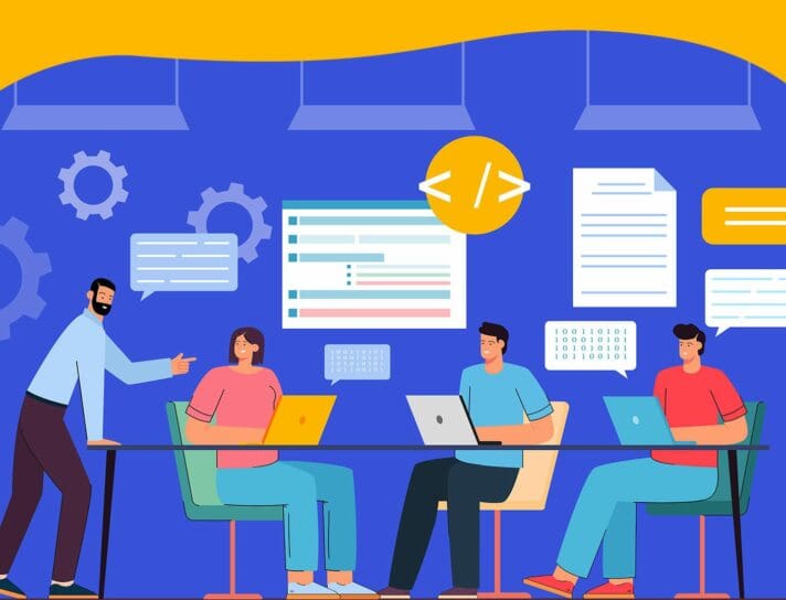An offshore software development team working together