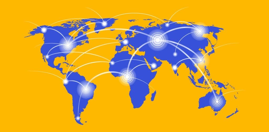 Illustration showing Offshore software development companies from around the world working with each other