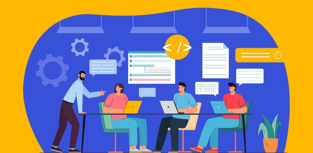 An offshore software development team working together