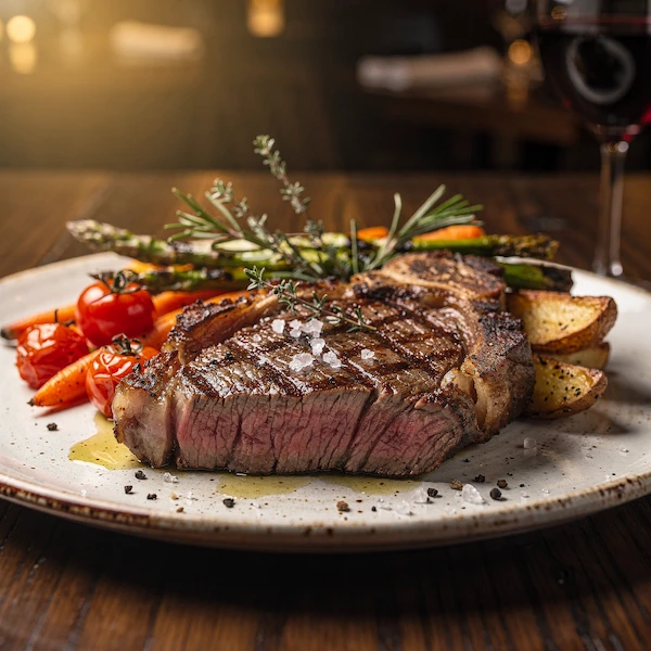 סטייק אנטריקוט עסיסי מוגש עם ירקות צלויים במסעדת שף כשרה