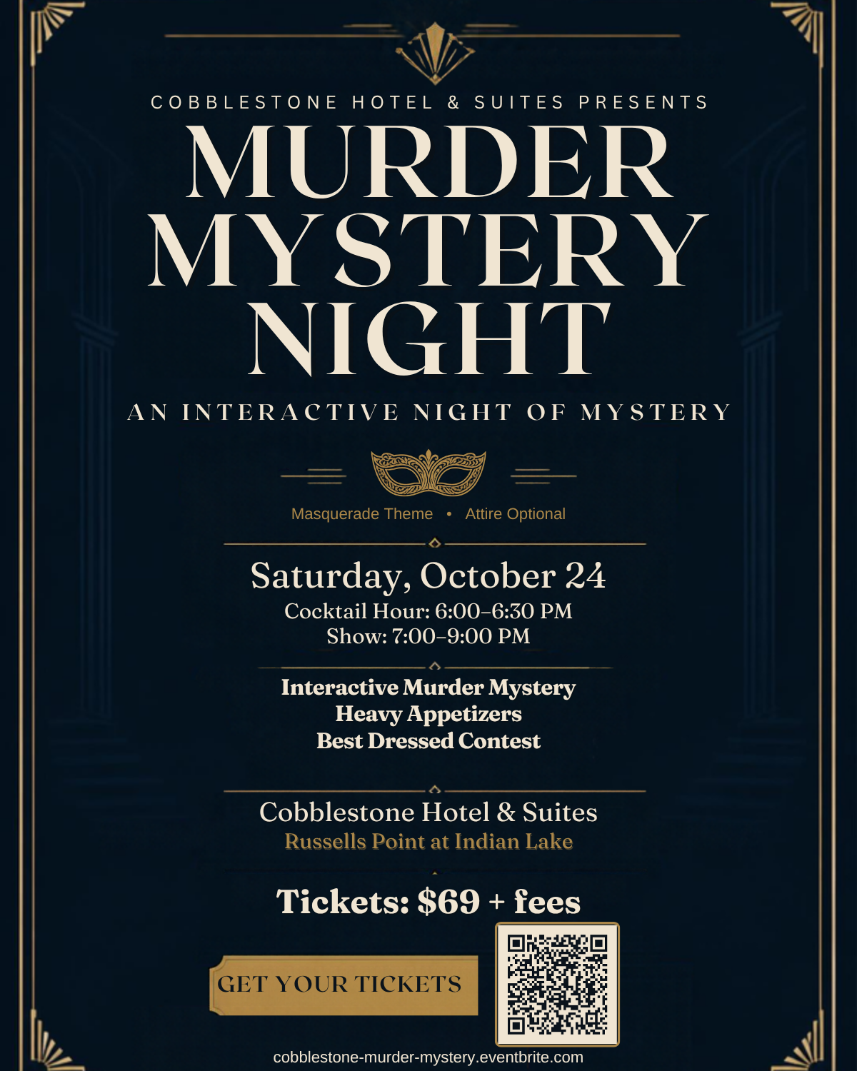 Murder Mystery Night event poster for Cobblestone Hotel and Suites