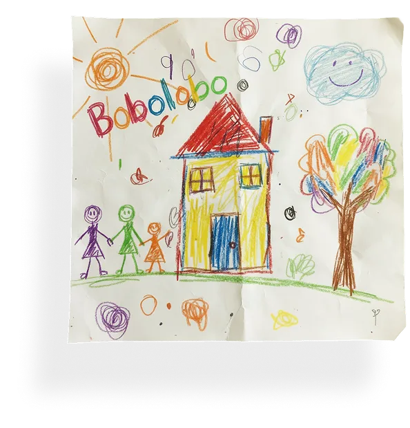 Child's colorful drawing of a house with a red roof, three people holding hands, a multicolored tree, a smiling sun, and a smiling cloud.