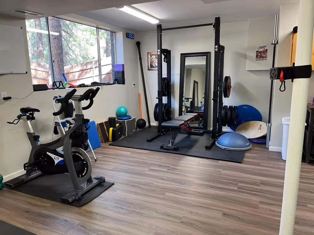 Home gym with exercise bike, free weights, a bench press rack, balance ball, and large window overlooking trees. cadence-performance