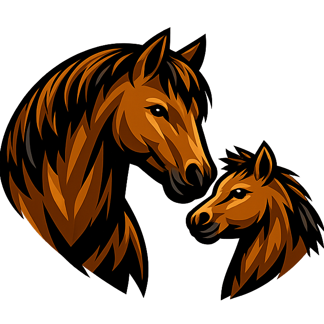 Illustration d'un cheval adulte et d'un poulain regardant un paysage ensoleillé champêtre.