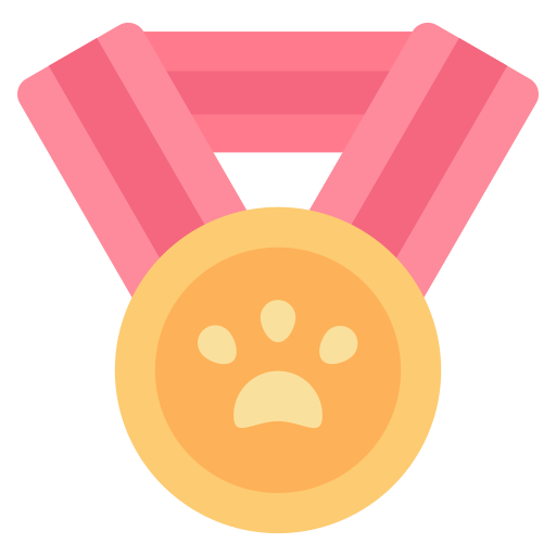 Médaille dorée avec une empreinte de patte et un ruban rose.