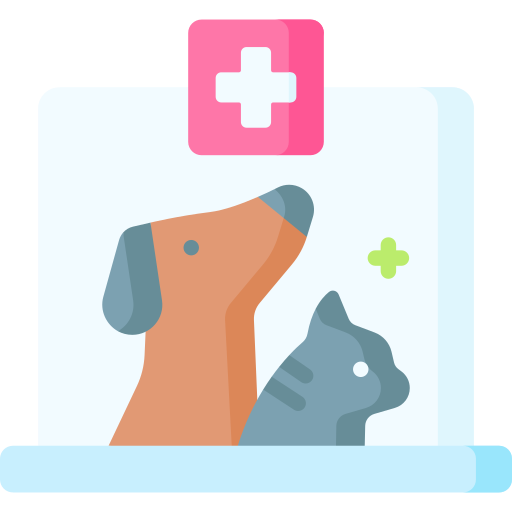 Icône vétérinaire avec un chien et un chat sous une croix médicale rose.
