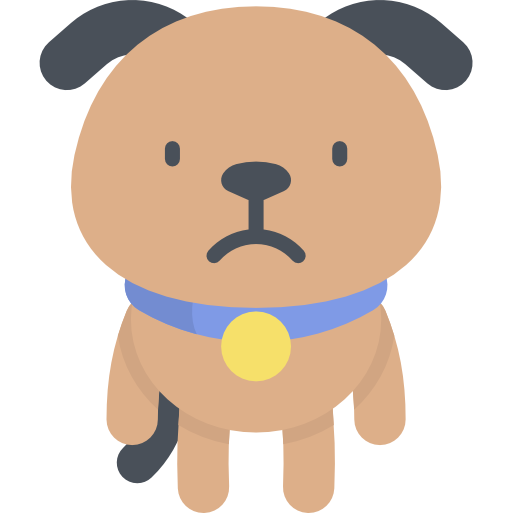 Dessin d'un chien triste avec un collier bleu et une médaille jaune.