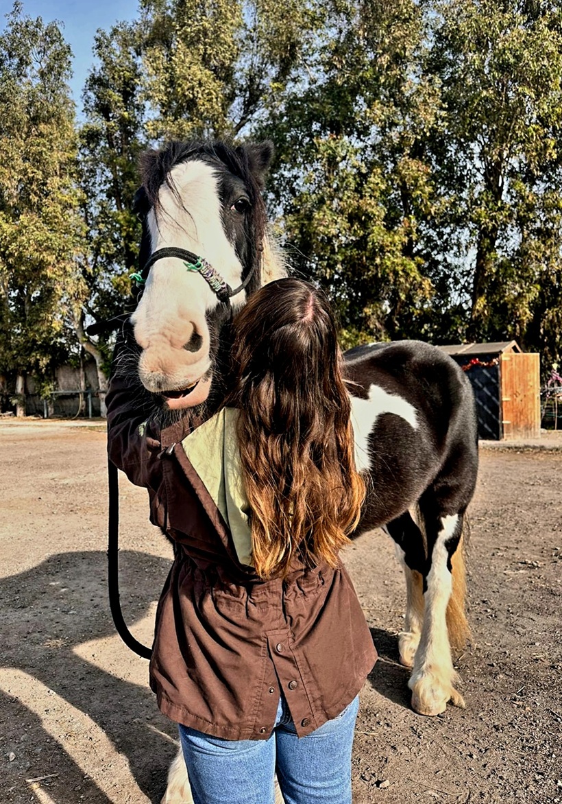 Une femme avec cheveux longs caressant un cheval pie noir et blanc en extérieur.
