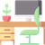 Bureau avec plante verte, ordinateur portable, lampe violette, et chaise verte.