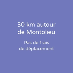 Texte sur fond violet disant 30 km autour de Montolieu, pas de frais de déplacement.