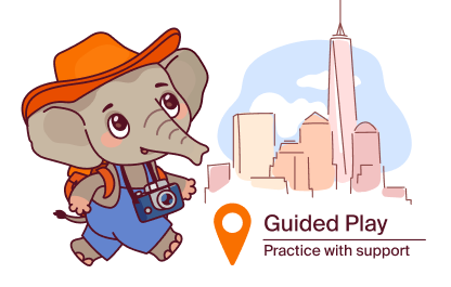 El the Elephant exploring a city with a camera, representing guided play and supported practice