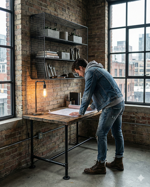 Open space apartment with exposed brick walls, high ceilings, and metal details.