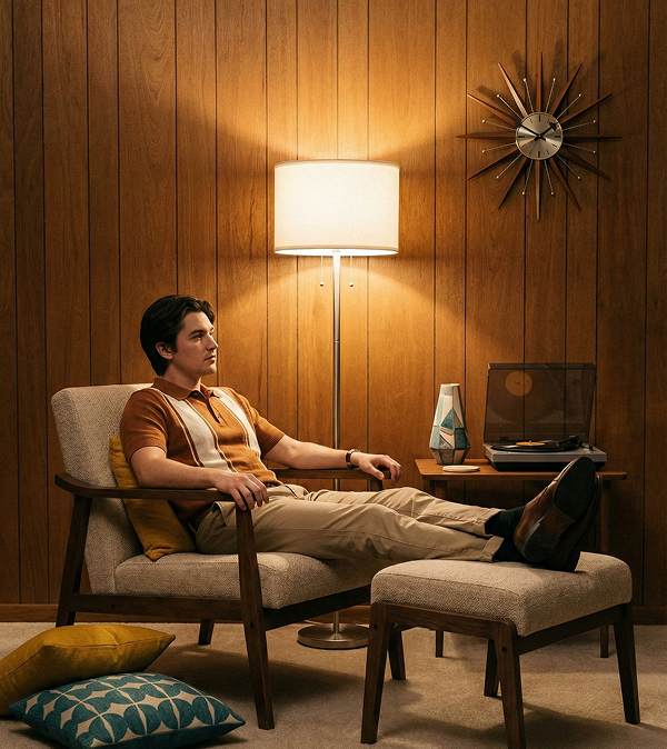 Retro-styled living room with tapered leg furniture and iconic 1950s color palette.