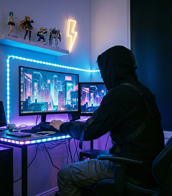 Futuristic urban interior with pink and blue neon lighting and high-tech aesthetics.