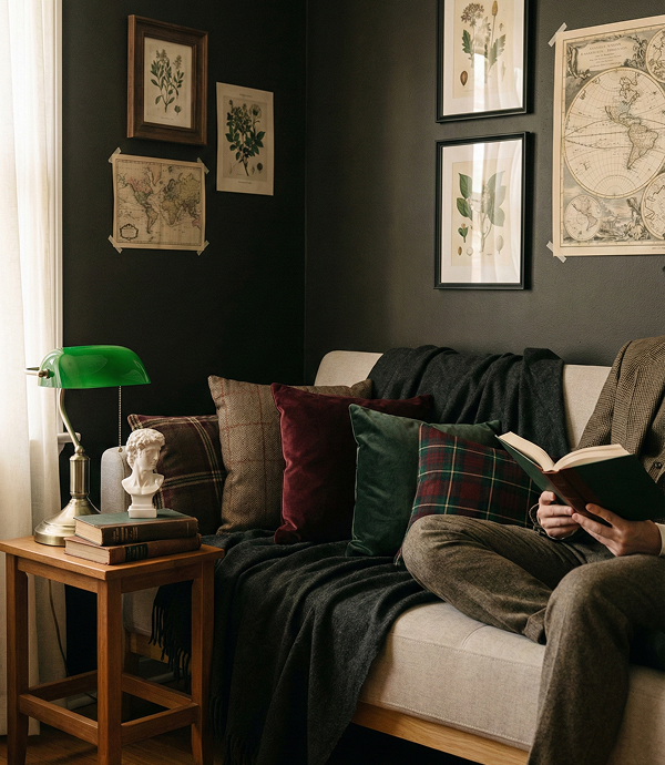 Moody library setting with dark wood bookshelves, vintage candles, and antique books.