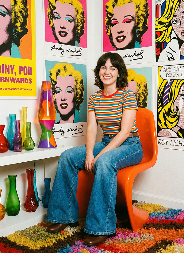 Vibrant room with bold colors, neon signs, and 1960s inspired pop-culture decor.