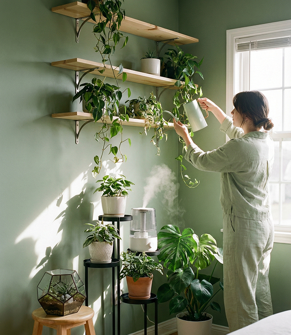 Modern living space integrated with lush indoor plants and natural wooden textures.