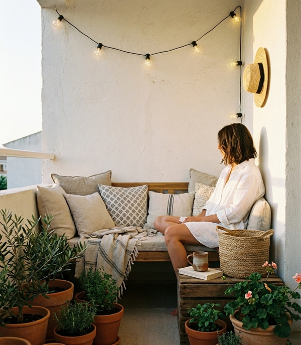 Warm, sun-drenched terrace with terracotta tiles, olive trees, and sea view.
