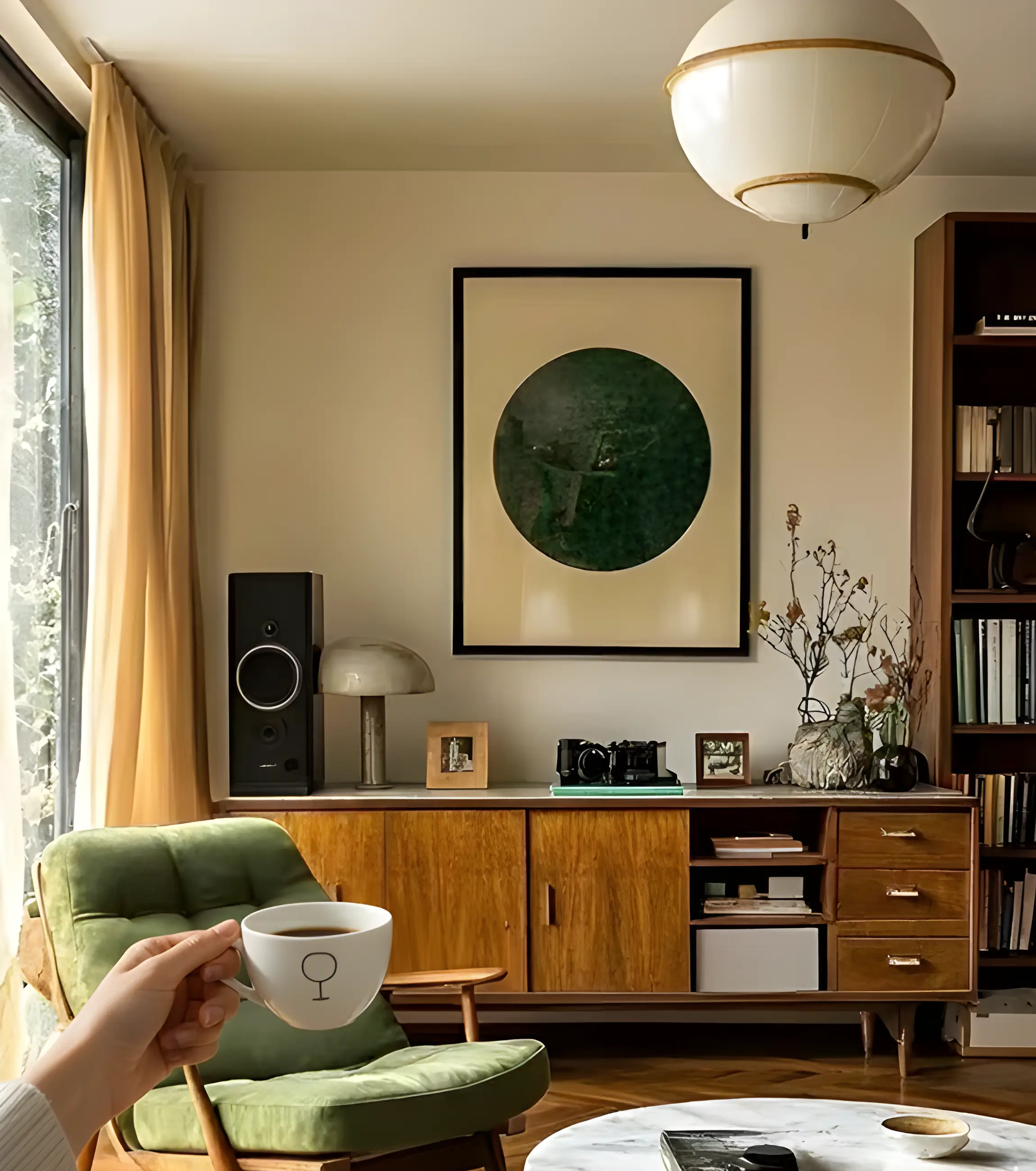 Retro-styled living room with tapered leg furniture and iconic 1950s color palette.