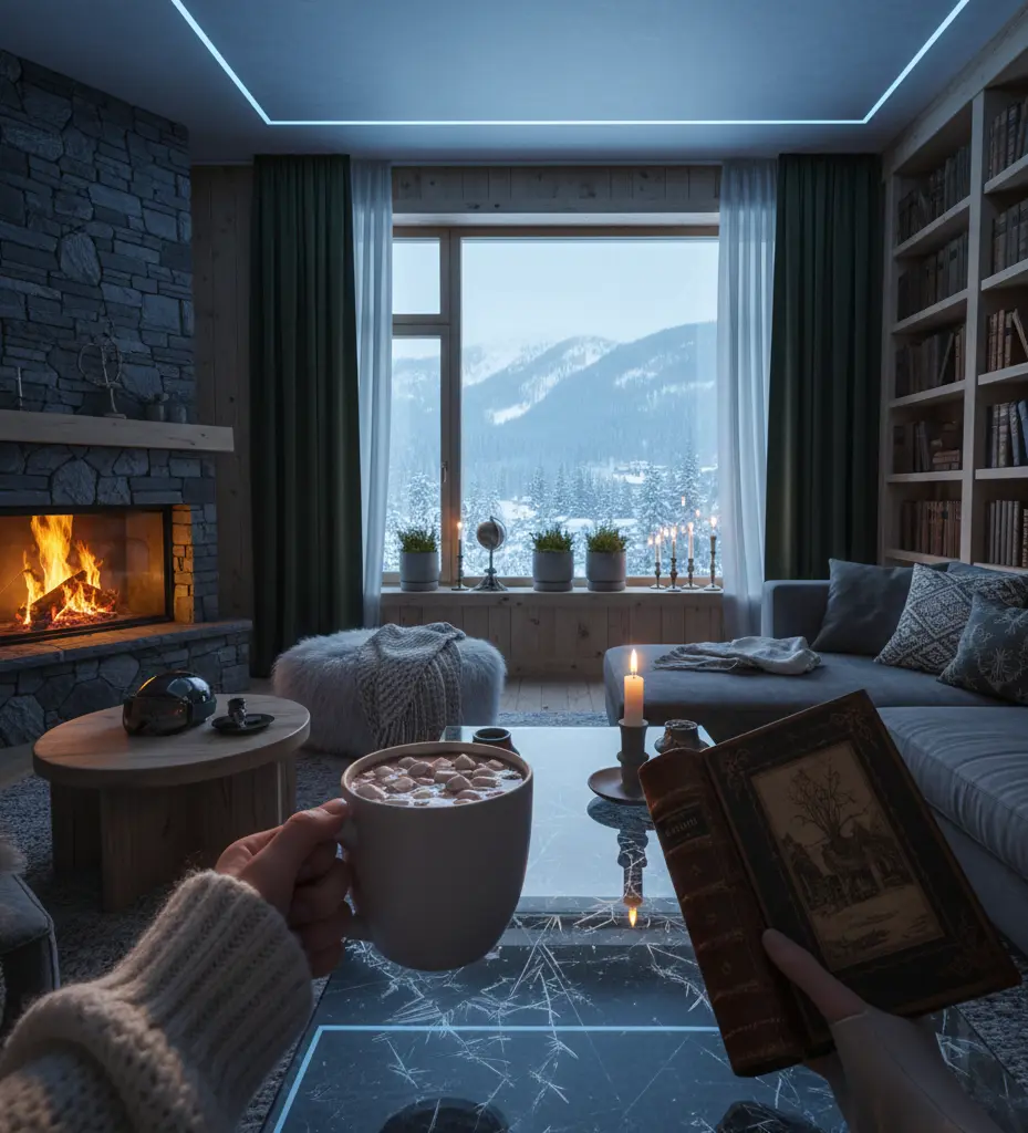 Interior of a wooden cabin with large windows facing a winter forest, featuring candles and wool blankets.