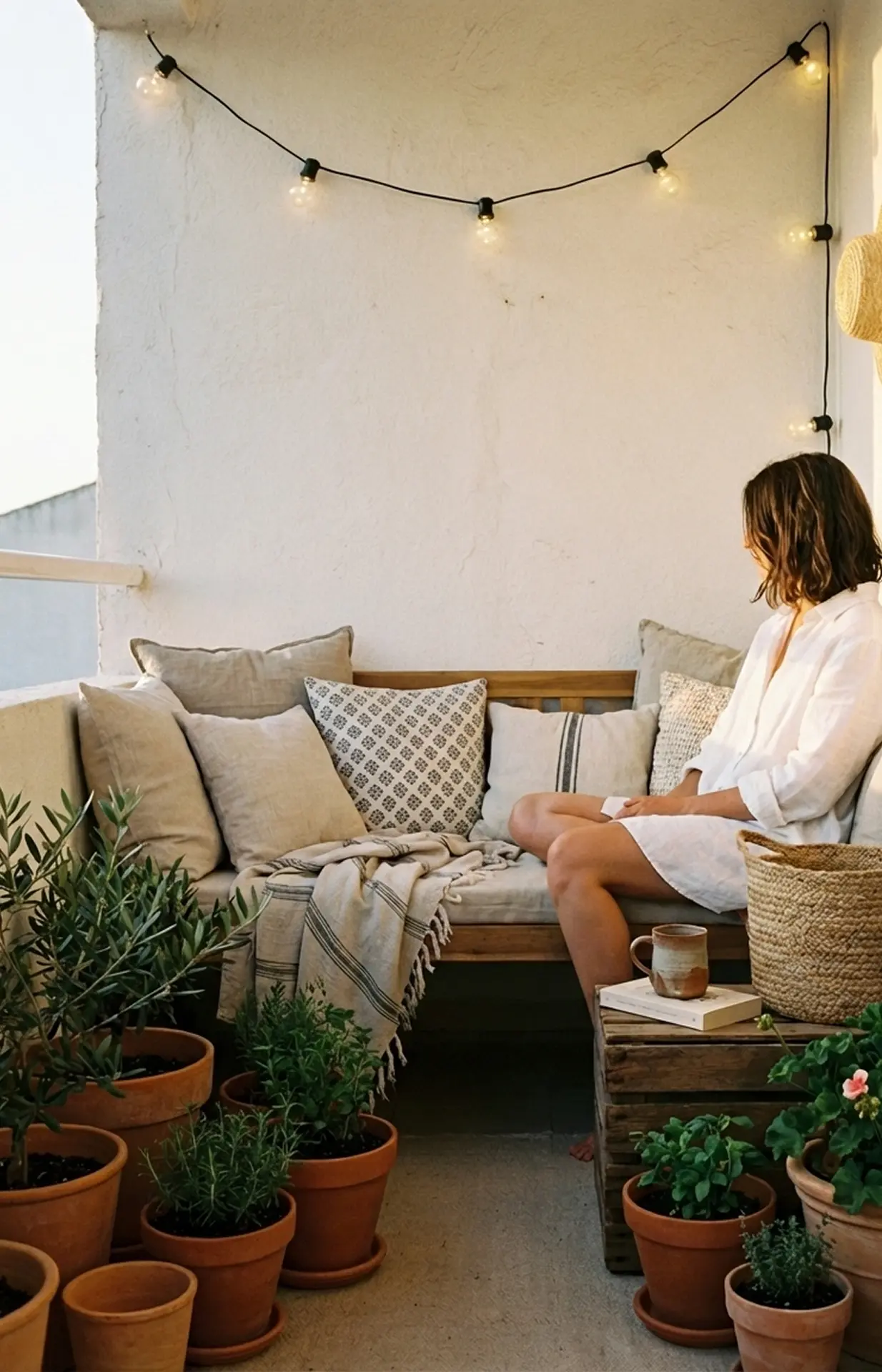 Warm, sun-drenched terrace with terracotta tiles, olive trees, and sea view.
