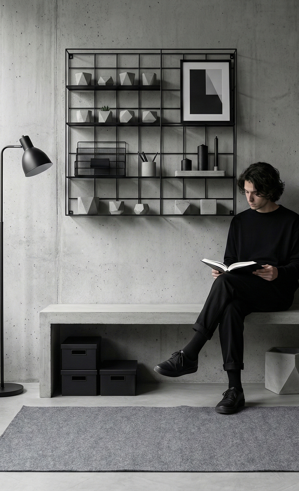 Raw concrete interior with minimalist furniture, sharp lines, and industrial lighting.