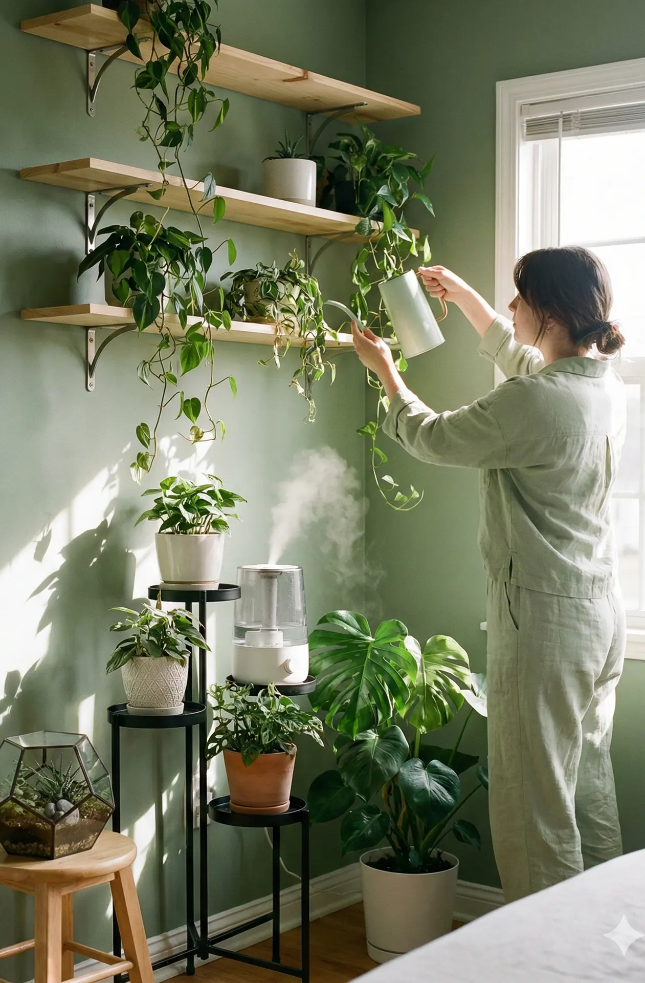 Modern living space integrated with lush indoor plants and natural wooden textures.