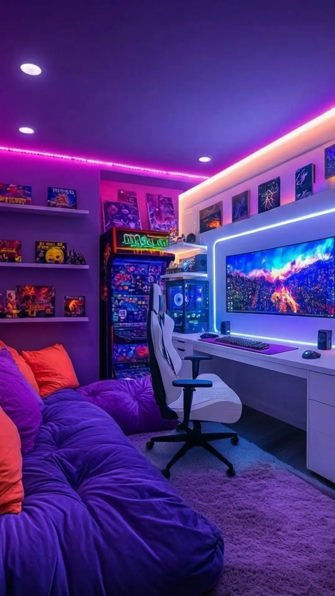 Futuristic urban interior with pink and blue neon lighting and high-tech aesthetics.