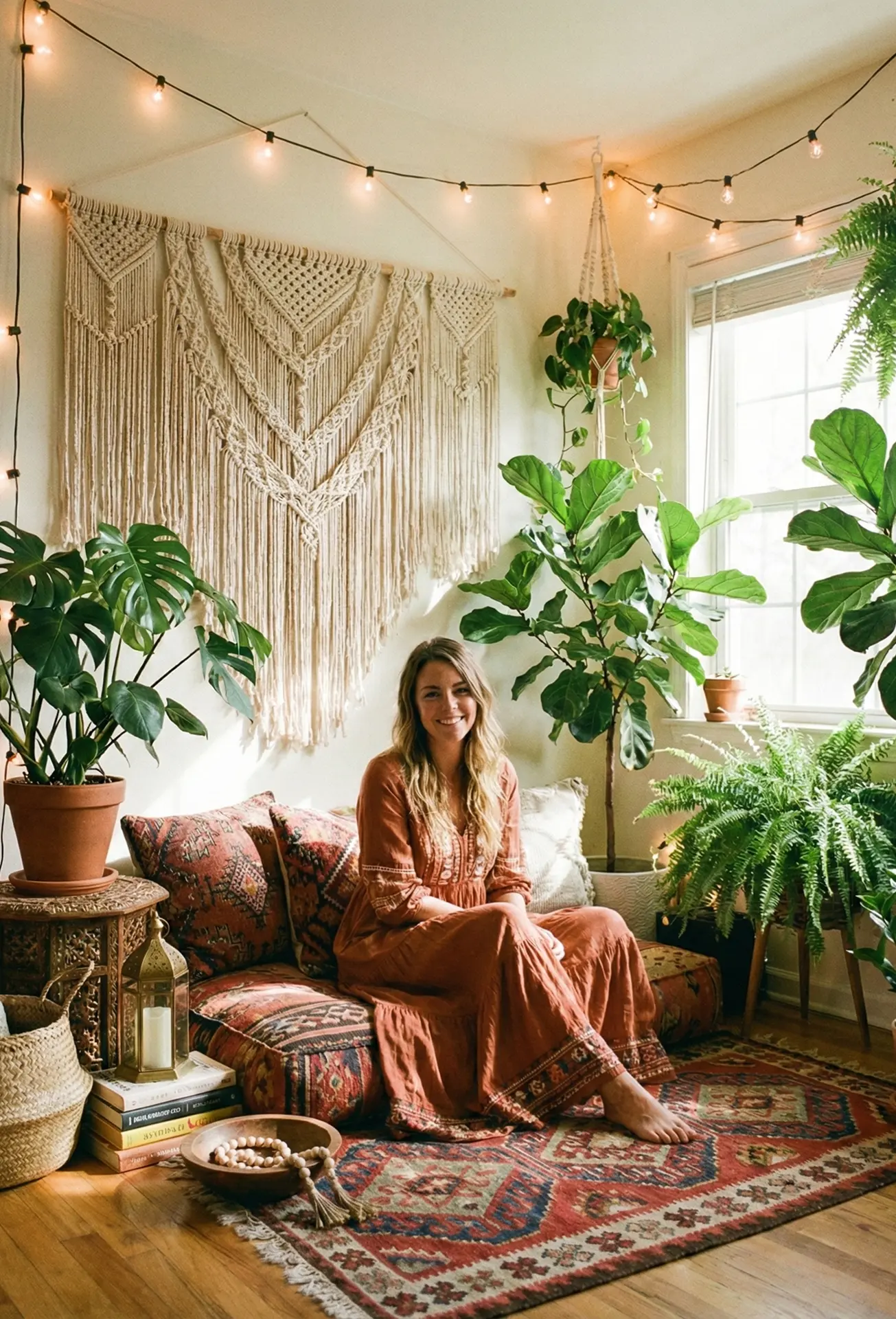 Eclectic space with patterned rugs, hanging macrame, and relaxed floor seating.