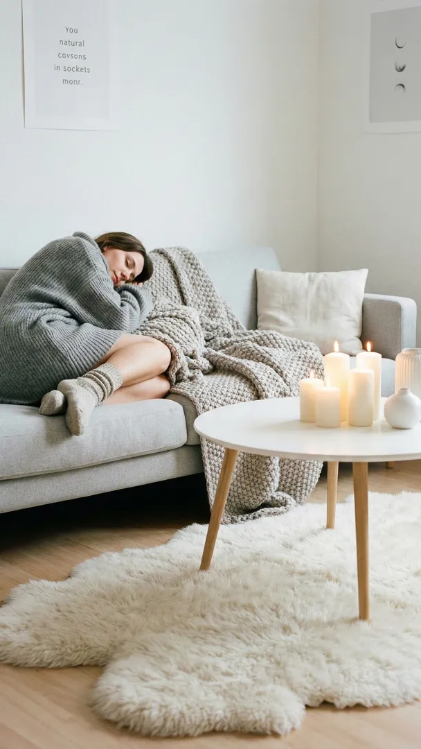 Bright and airy Nordic room with soft wool blankets, light wood, and a fireplace