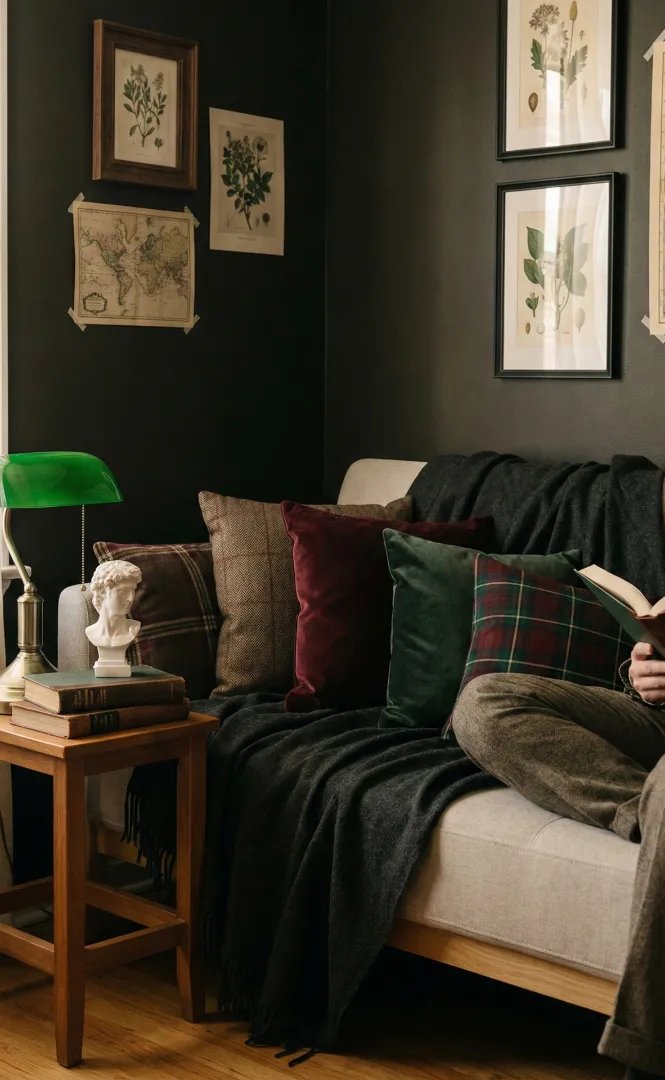 Moody library setting with dark wood bookshelves, vintage candles, and antique books.